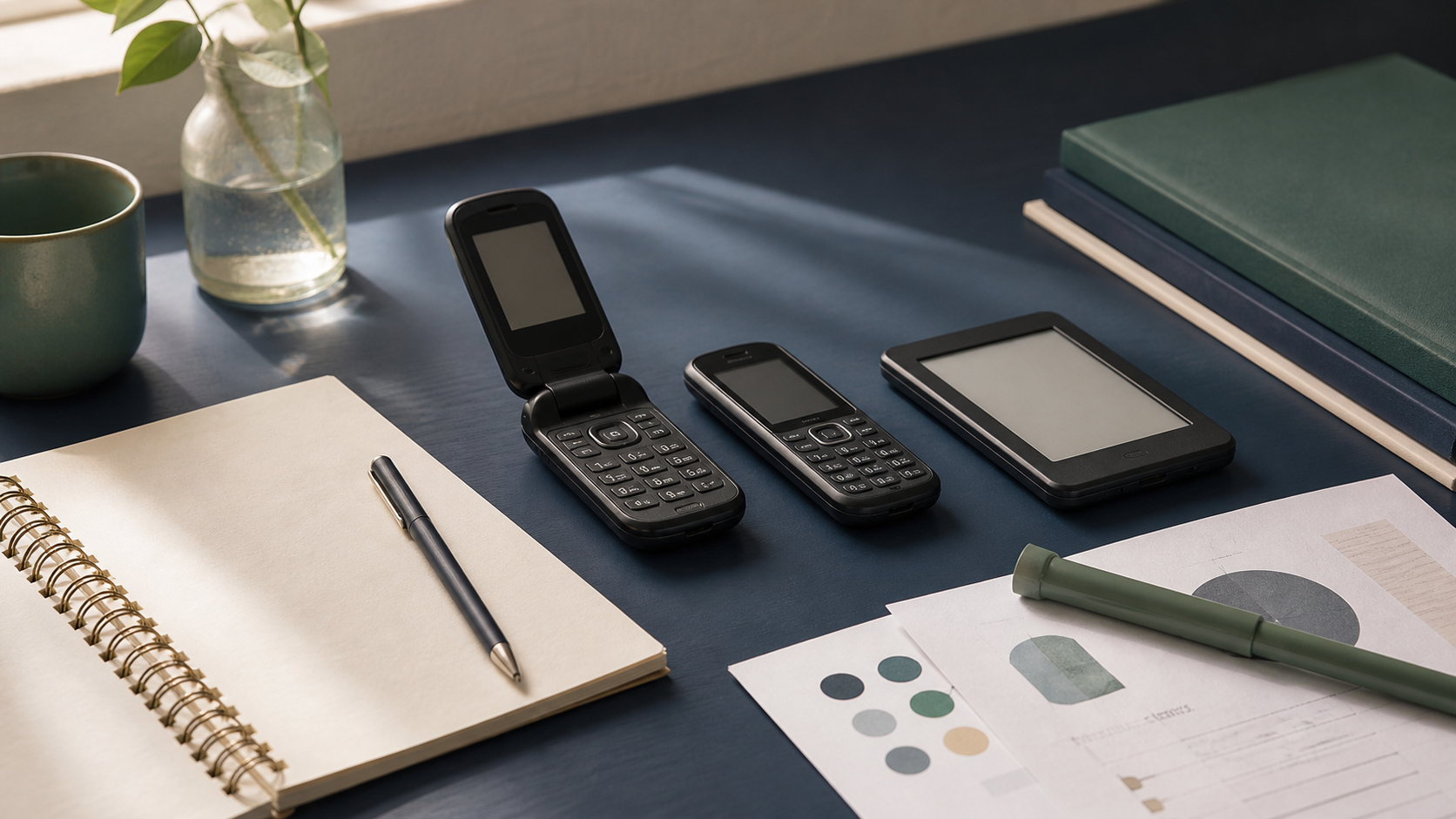 A quiet research desk with simple phones, an e-ink device, a notebook, and notes.
